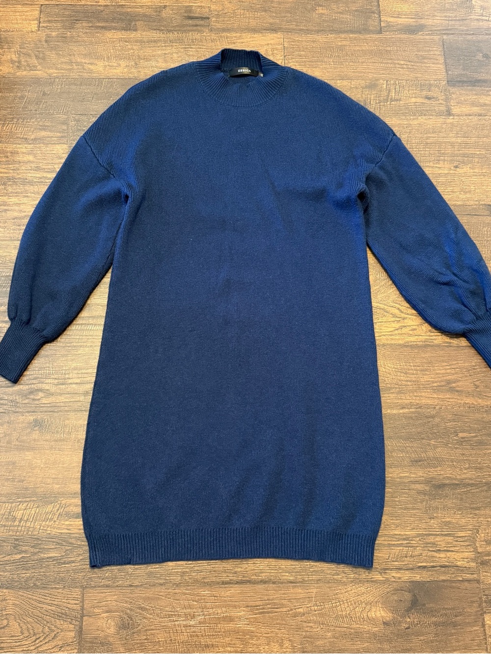 Zesica Knit Sweater Dress M Navy Blue Mock Neck Long Bishop Sleeve Pullover Mini